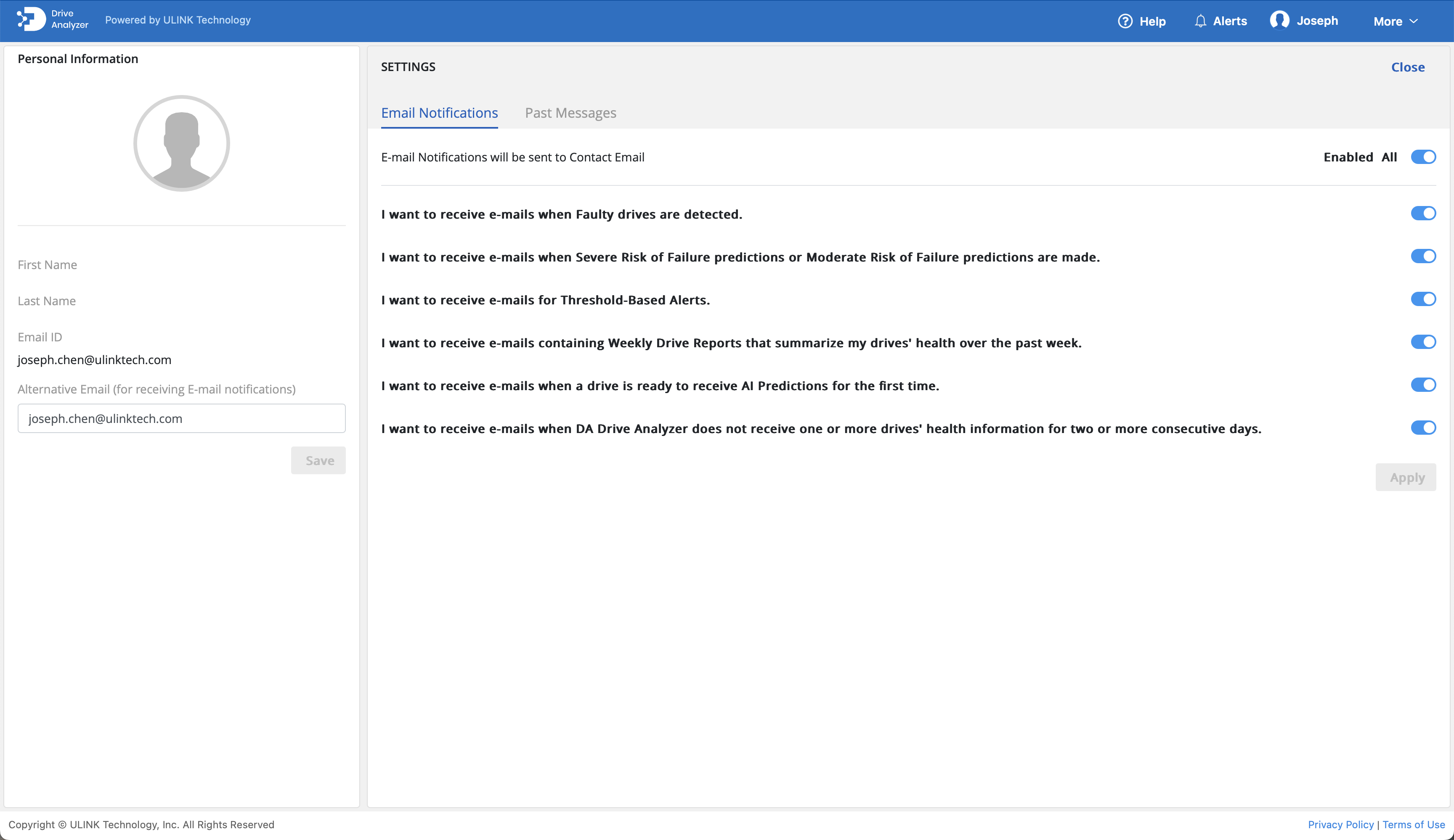 Email Notifications Page